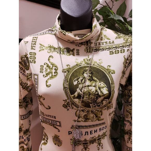 Women's White Green Graphic Print Cut Out Mock Neck Long Sleeve Maxi Dress Small - Picture 3 of 9